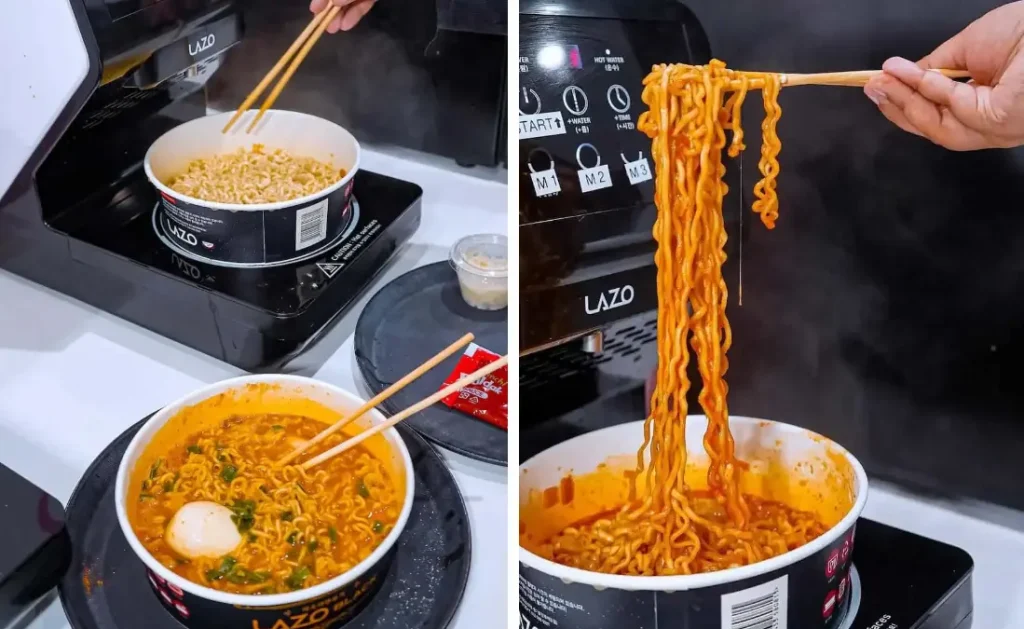 A customer assembling a customized ramen bowl at Mochinut’s self-serve ramen bar.
