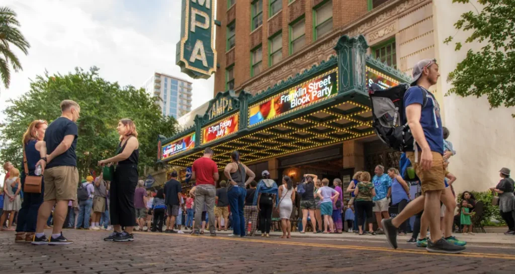 Crowds gathered outside Tampa Theatre’s iconic entrance