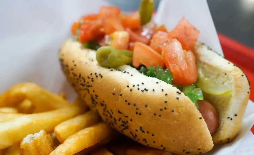Chicago-style hot dog at Chicago Paulies