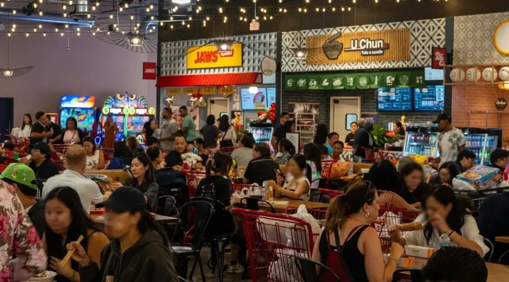 A wide view of the Orlando H Mart food hall showcasing diverse Asian food vendors.